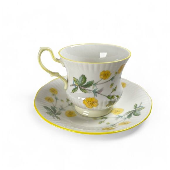 Vintage Teacup Saucer Queens Rosina Fine Bone China Ribbed Footed Yellow Flowers - Picture 6 of 11